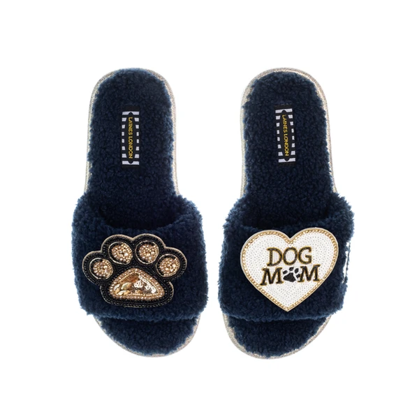 Laines London Teddy Toweling Slippers With Paw Print & Dog Mum /Mom Brooches