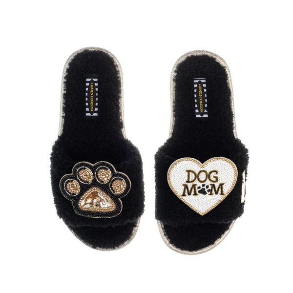 laines london Teddy Toweling Slippers With Paw Print & Dog Mum /Mom Brooches