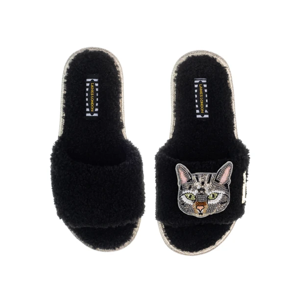 Laines London Teddy Toweling Slippers With Pebbles Cat Brooch
