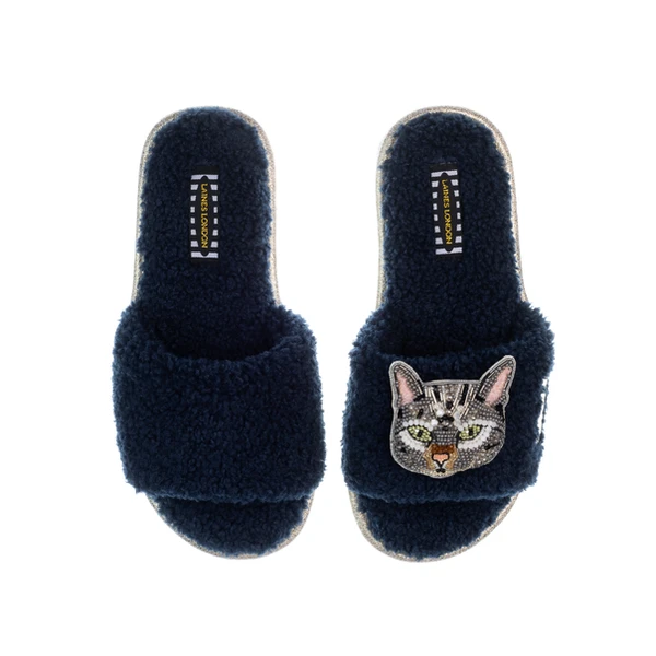 laines london Teddy Toweling Slippers With Pebbles Cat Brooch
