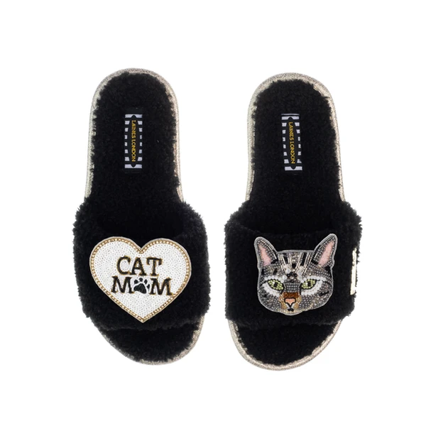 Laines London Teddy Toweling Slippers With Pebbles Cat & Cat Mom / Mum Brooches