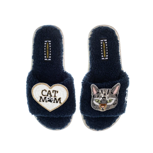 Laines London Teddy Toweling Slippers With Pebbles Cat & Cat Mom / Mum Brooches