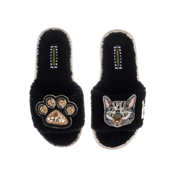 Laines London Teddy Toweling Slippers With Pebbles The Grey Cat & Paw Brooches