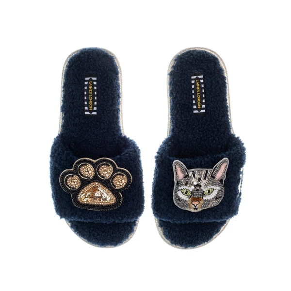 Laines London Teddy Toweling Slippers With Pebbles The Grey Cat & Paw Brooches