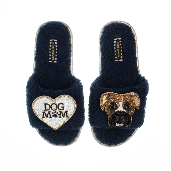 Laines London Teddy Toweling Slippers With Pip The Boxer & Dog Mum /Mom Brooches