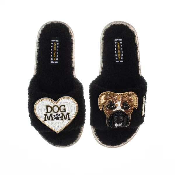 Laines London Teddy Toweling Slippers With Pip The Boxer & Dog Mum /Mom Brooches