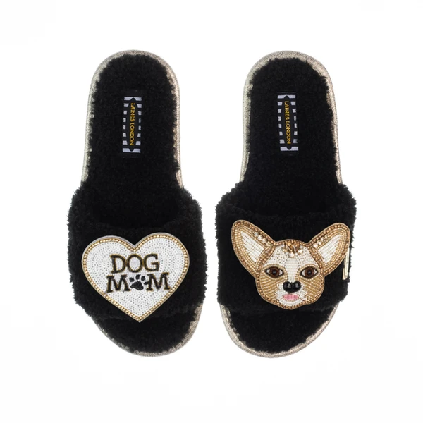 Laines London Teddy Toweling Slippers With Princess Chihuahua & Dog Mum /Mom Brooches