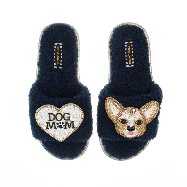 laines london Teddy Toweling Slippers With Princess Chihuahua & Dog Mum /Mom Brooches