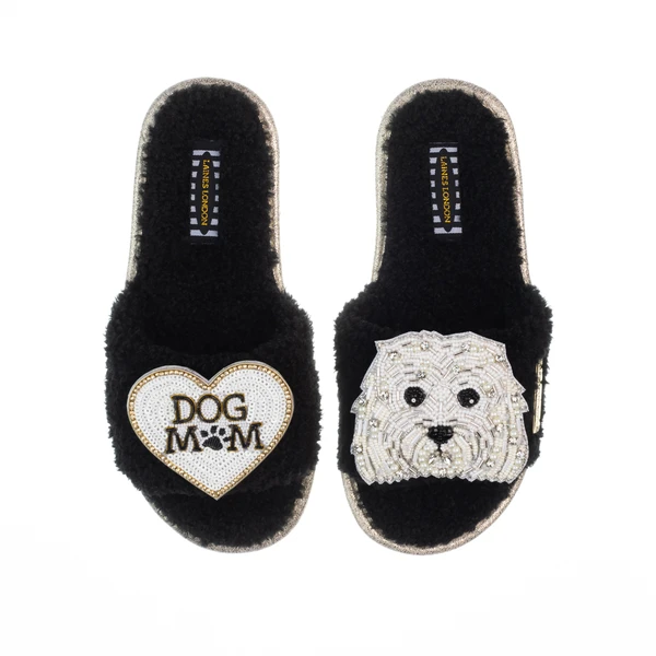 Laines London Teddy Toweling Slippers With Queenie & Dog Mum /Mom Brooches