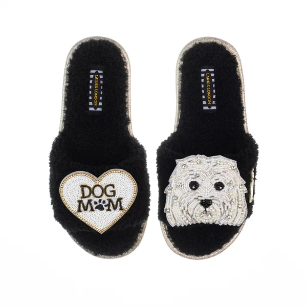 Laines London Teddy Toweling Slippers With Queenie & Dog Mum /Mom Brooches