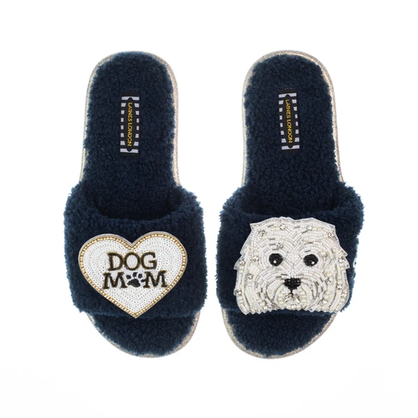 laines london Teddy Toweling Slippers With Queenie & Dog Mum /Mom Brooches