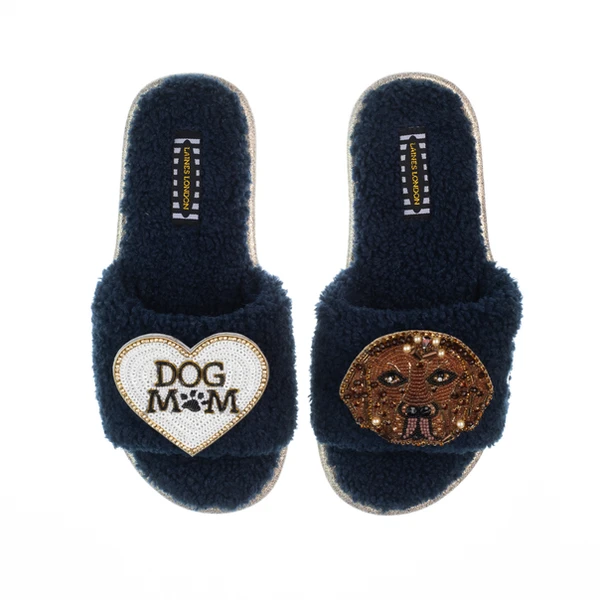 laines london Teddy Toweling Slippers With Rocco The Chocolate Lab & Dog Mum /Mom Brooches