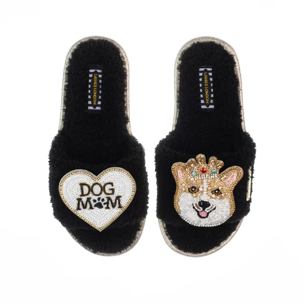Laines London Teddy Toweling Slippers With Royal Corgi & Dog Mum /Mom Brooches