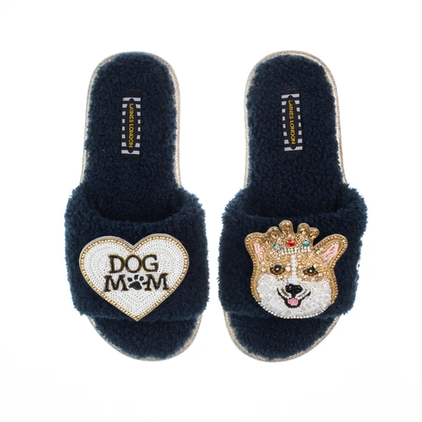 Laines London Teddy Toweling Slippers With Royal Corgi & Dog Mum /Mom Brooches