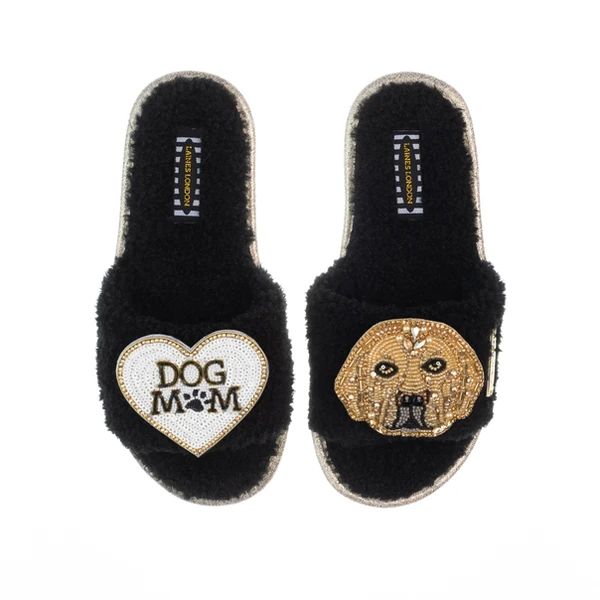 Laines London Teddy Toweling Slippers With Skip The Golden Lab & Dog Mum /Mom Brooches