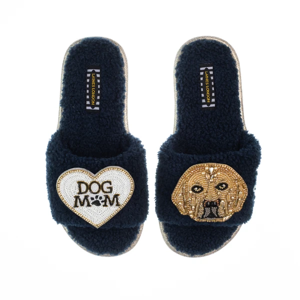 Laines London Teddy Toweling Slippers With Skip The Golden Lab & Dog Mum /Mom Brooches