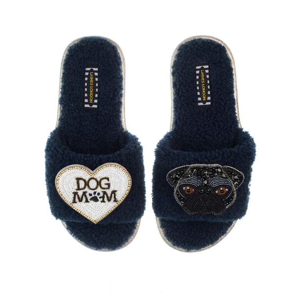 Laines London Teddy Toweling Slippers With Snoopy & Dog Mum /Mom Brooches