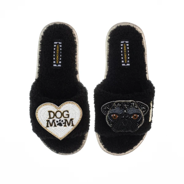 laines london Teddy Toweling Slippers With Snoopy & Dog Mum /Mom Brooches