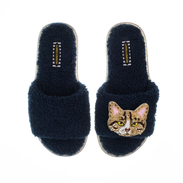 Laines London Teddy Toweling Slippers With Tabby Cat Brooch