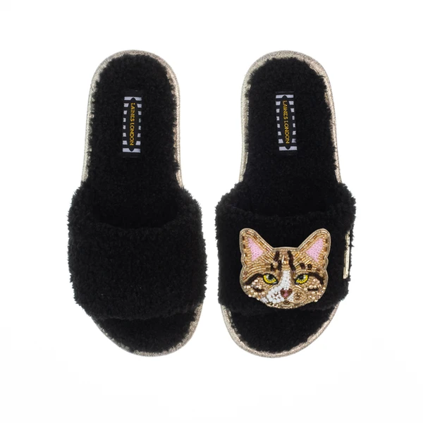 laines london Teddy Toweling Slippers With Tabby Cat Brooch