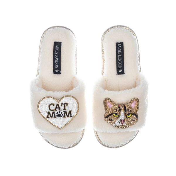 Laines London Teddy Toweling Slippers With Tabby Cat & Cat Mom / Mum Brooches
