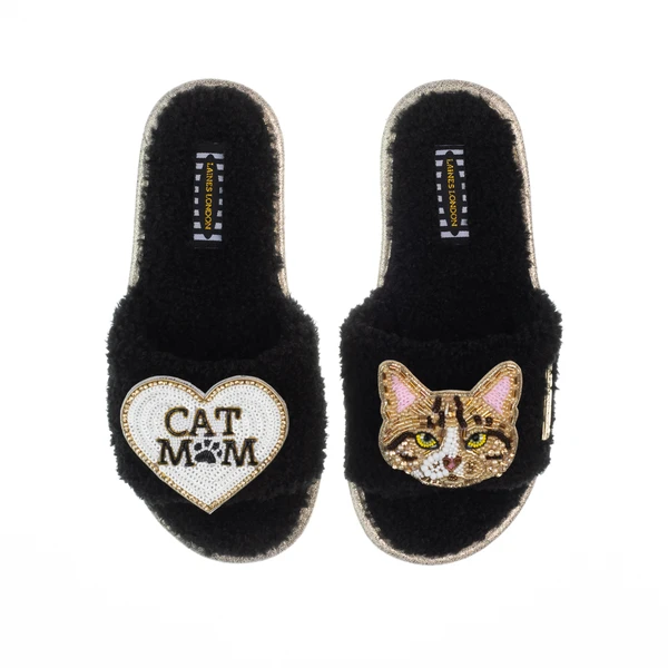 Laines London Teddy Toweling Slippers With Tabby Cat & Cat Mom / Mum Brooches