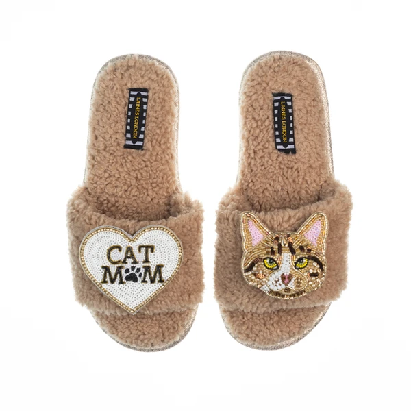 Laines London Teddy Toweling Slippers With Tabby Cat & Cat Mom / Mum Brooches