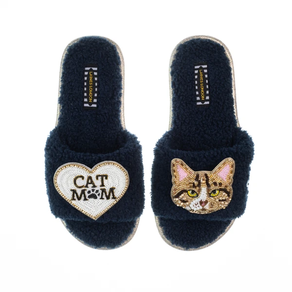 laines london Teddy Toweling Slippers With Tabby Cat & Cat Mom / Mum Brooches