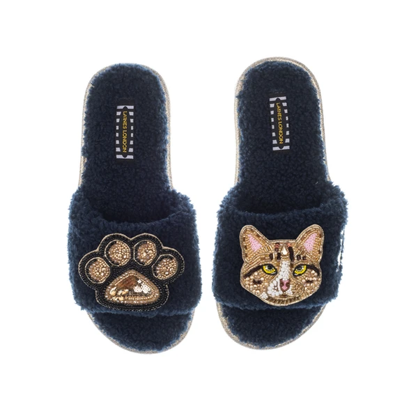 Laines London Teddy Toweling Slippers With Tabby The Ginger Cat & Paw Brooches