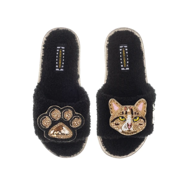 laines london Teddy Toweling Slippers With Tabby The Ginger Cat & Paw Brooches