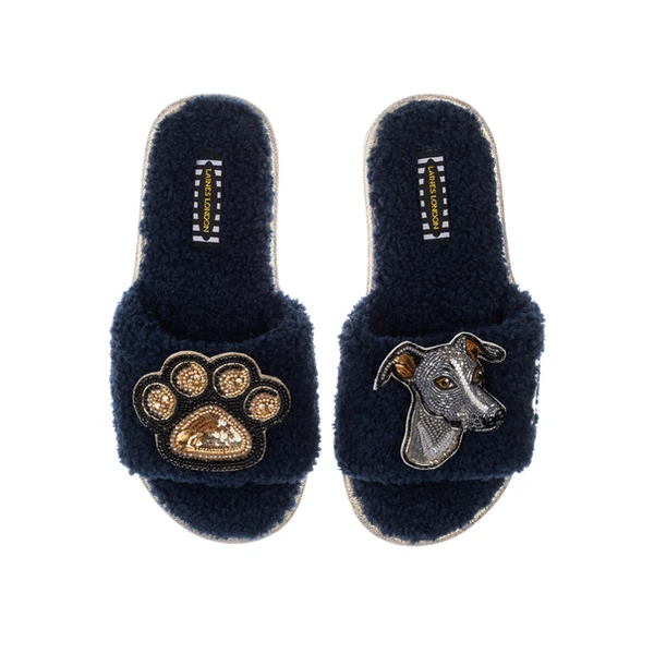 Laines London Teddy Toweling Slippers With Vinny The Italian Greyhound & Paw Brooches