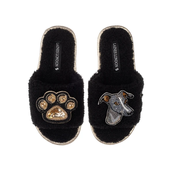 Laines London Teddy Toweling Slippers With Vinny The Italian Greyhound & Paw Brooches