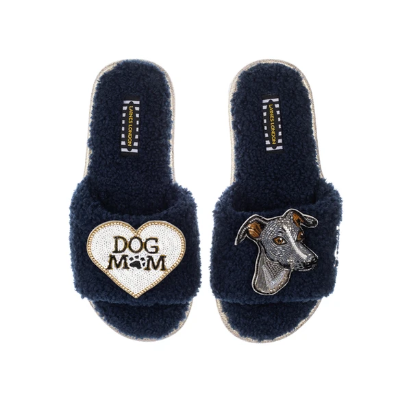 Laines London Teddy Toweling Slippers With Vinny The Italian Greyhound & Dog Mum /Mom Brooches