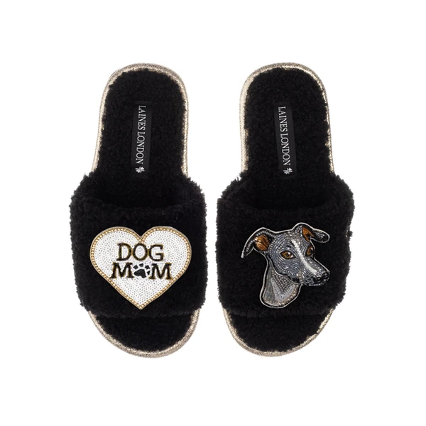 laines london Teddy Toweling Slippers With Vinny The Italian Greyhound & Dog Mum /Mom Brooches