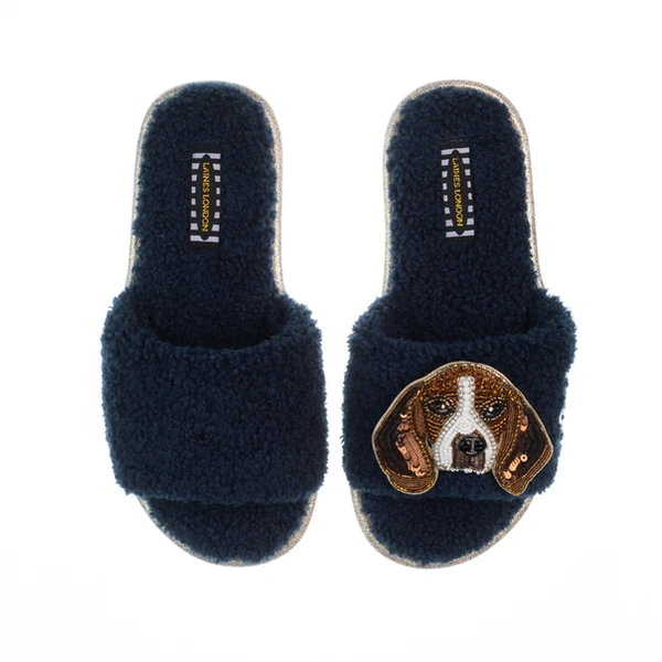 Laines London Teddy Toweling Slippers With Ziggy The Beagle Brooch