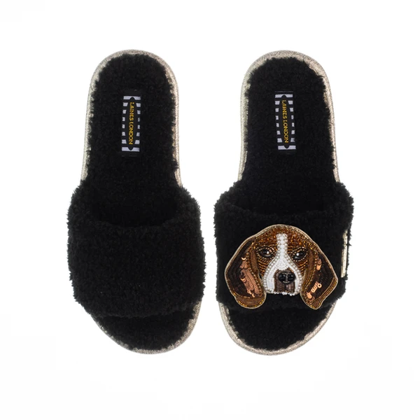 Laines London Teddy Toweling Slippers With Ziggy The Beagle Brooch