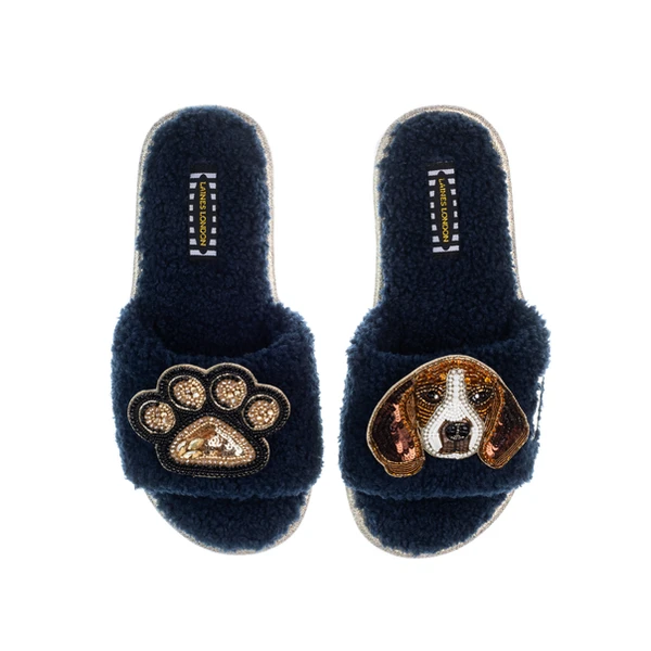 Laines London Teddy Toweling Slippers With Ziggy The Beagle & Paw Brooches