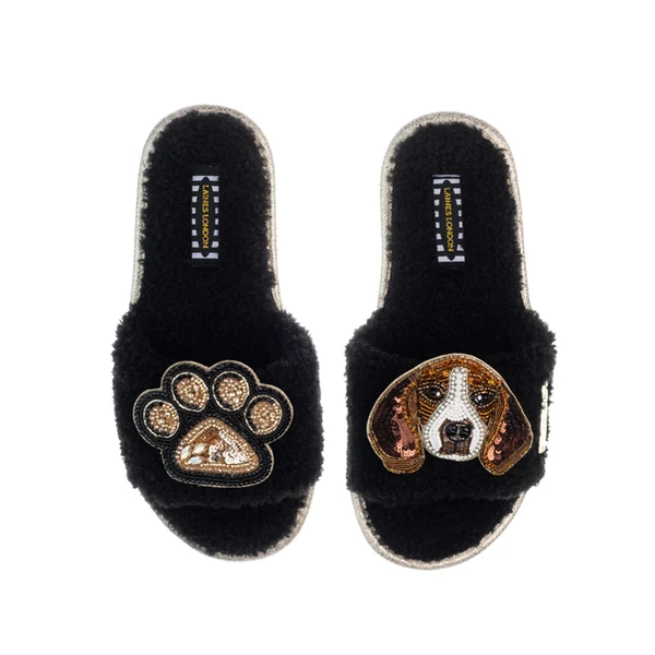 Laines London Teddy Toweling Slippers With Ziggy The Beagle & Paw Brooches