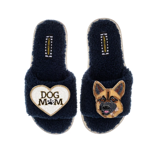 Laines London Teddy Towelling Sliders With Roxy The German Shepherd & Dog Mum/Mom Brooches