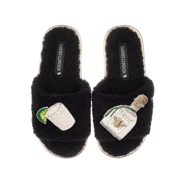 Laines London Teddy Towelling Slipper Sliders With Agave Tequila Brooches