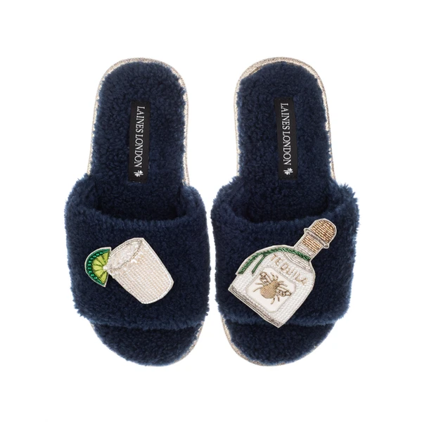 laines london Teddy Towelling Slipper Sliders With Agave Tequila Brooches