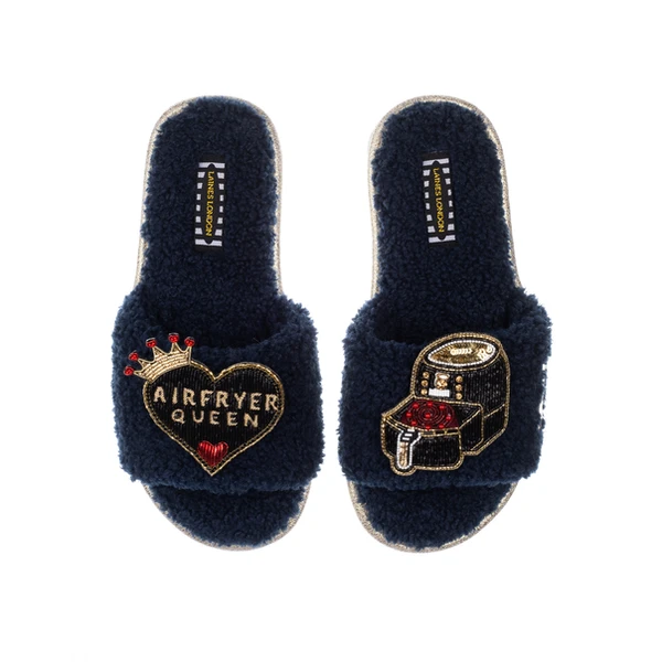 Laines London Teddy Towelling Slipper Sliders With Airfryer Queen Brooches