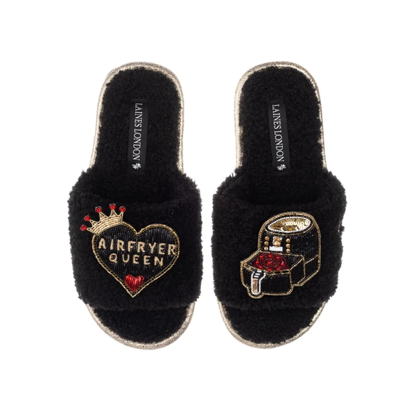 Laines London Teddy Towelling Slipper Sliders With Airfryer Queen Brooches