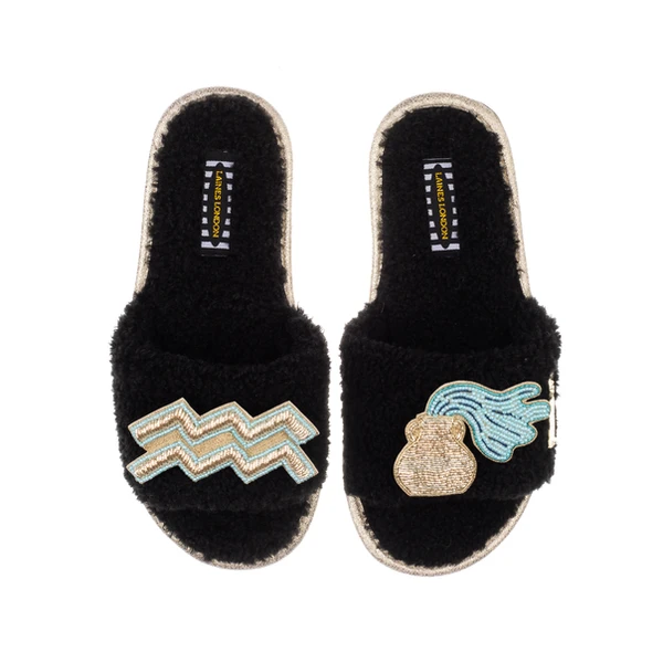Laines London Teddy Towelling Slipper Sliders With Aquarius Zodiac Brooches