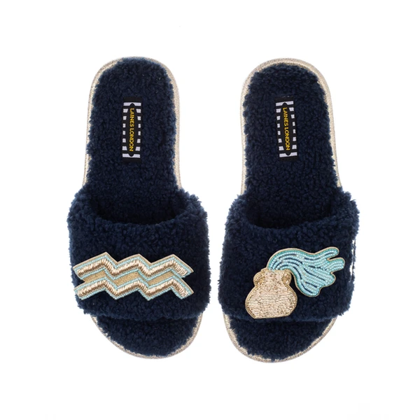 laines london Teddy Towelling Slipper Sliders With Aquarius Zodiac Brooches