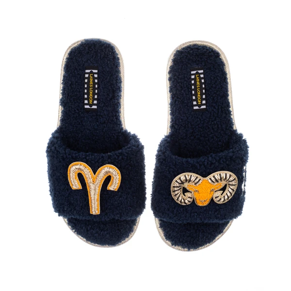 Laines London Teddy Towelling Slipper Sliders With Aries Zodiac Brooches