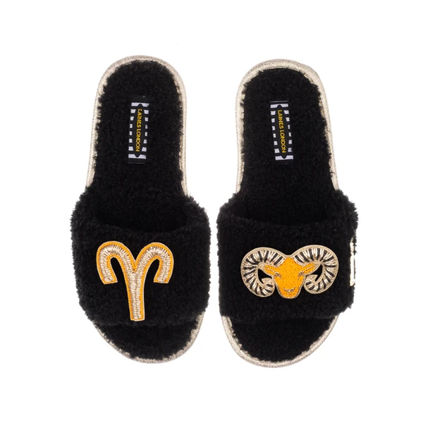 Laines London Teddy Towelling Slipper Sliders With Aries Zodiac Brooches