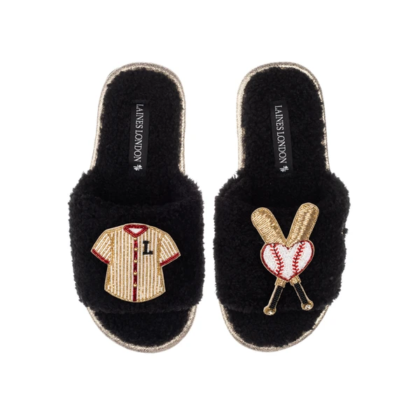 Laines London Teddy Towelling Slipper Sliders With Baseball Lover Brooches