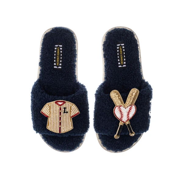 Laines London Teddy Towelling Slipper Sliders With Baseball Lover Brooches