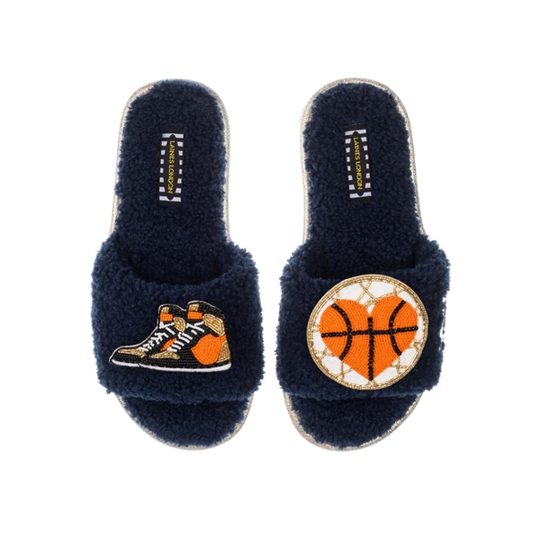 Laines London Teddy Towelling Slipper Sliders With Basketball Lover Brooches